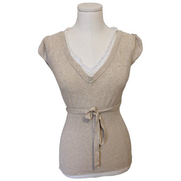 Vintage Y2K Ribbed Knit Ruffle Lace V-Neck Top Beige Tie Academia Office School - Picture 2 of 10